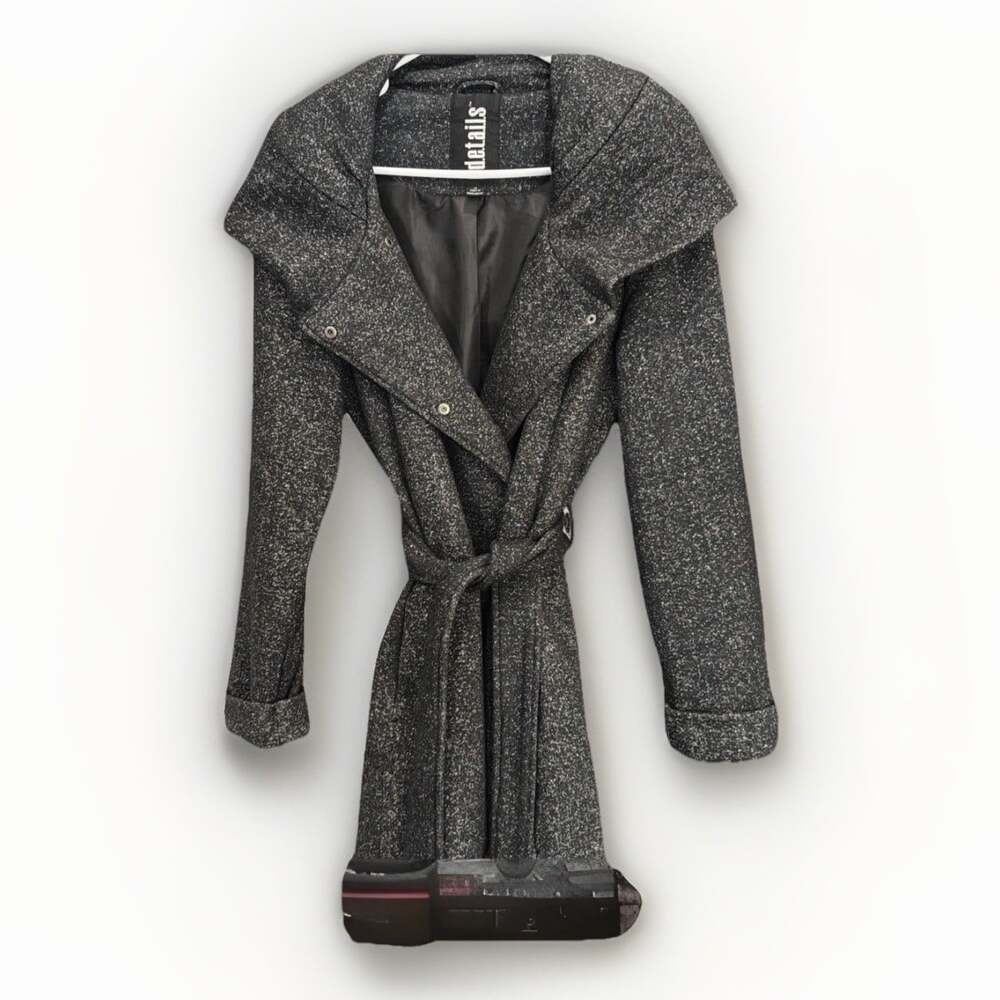 Vntg Lagen Cabin Core M Black/White Tweed PeaCoat Dbl-Breasted W/Hood Penny Lane